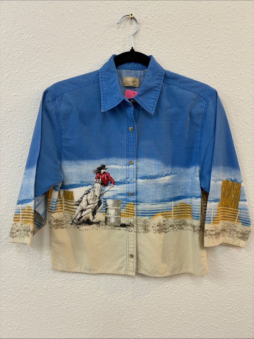 Vintage Wrangler Blue Western Barrel Racing Print Snap Down Shirt Womens Small